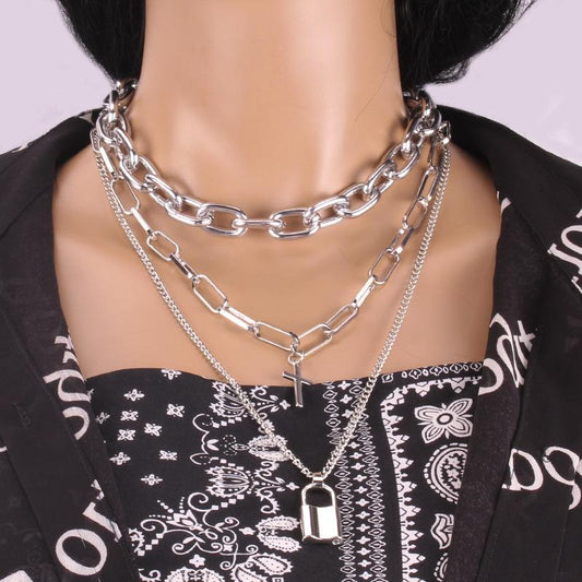 Exaggerated silver cross padlock alloy pendant multi-layer set chain hip-hop dark necklace