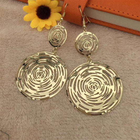 Retro exaggerated earrings size circle round hollow long earrings Indian gold earrings