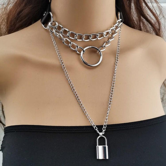 Jewelry Personality Exaggerated PU Metal Necklace Retro Punk Multilayer Chain Geometric Lock Necklace