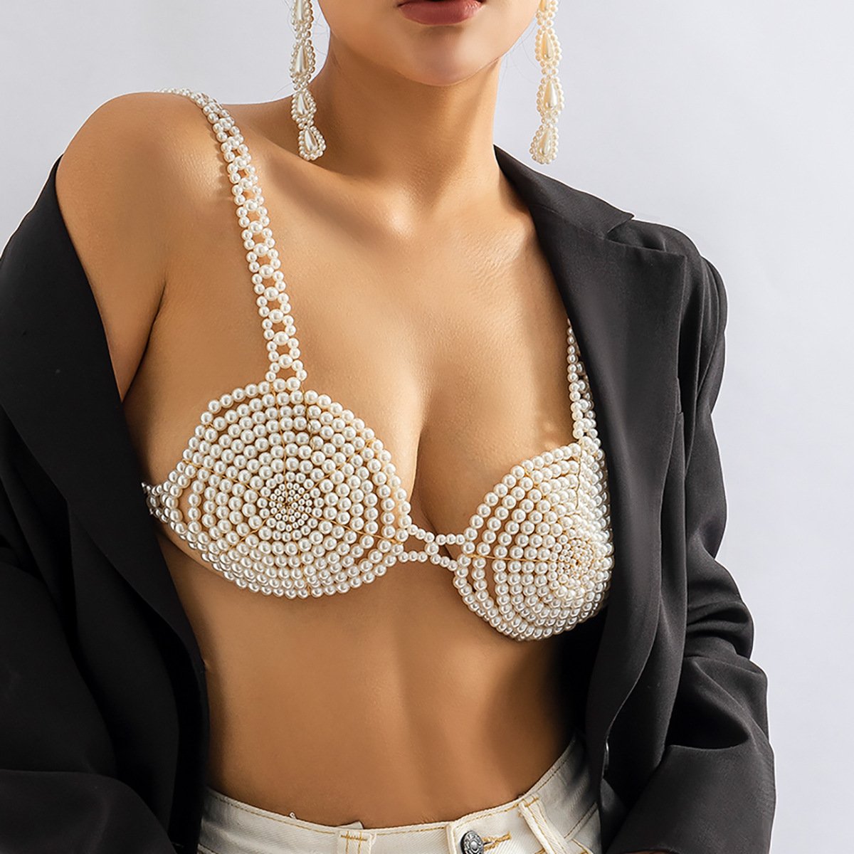 Jewelry Sexy Beach Business Beaded Body Chain Temperament Imitation Pearl Bikini Chest Chain Female