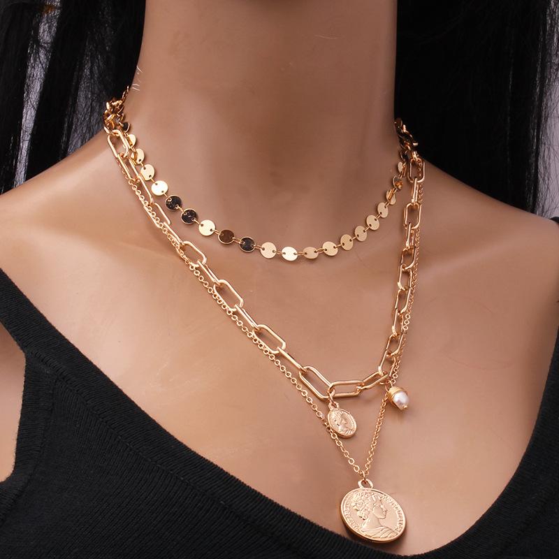 Jewelry creative retro size portrait coin pearl pendant multi-layer necklace three-layer clavicle chain