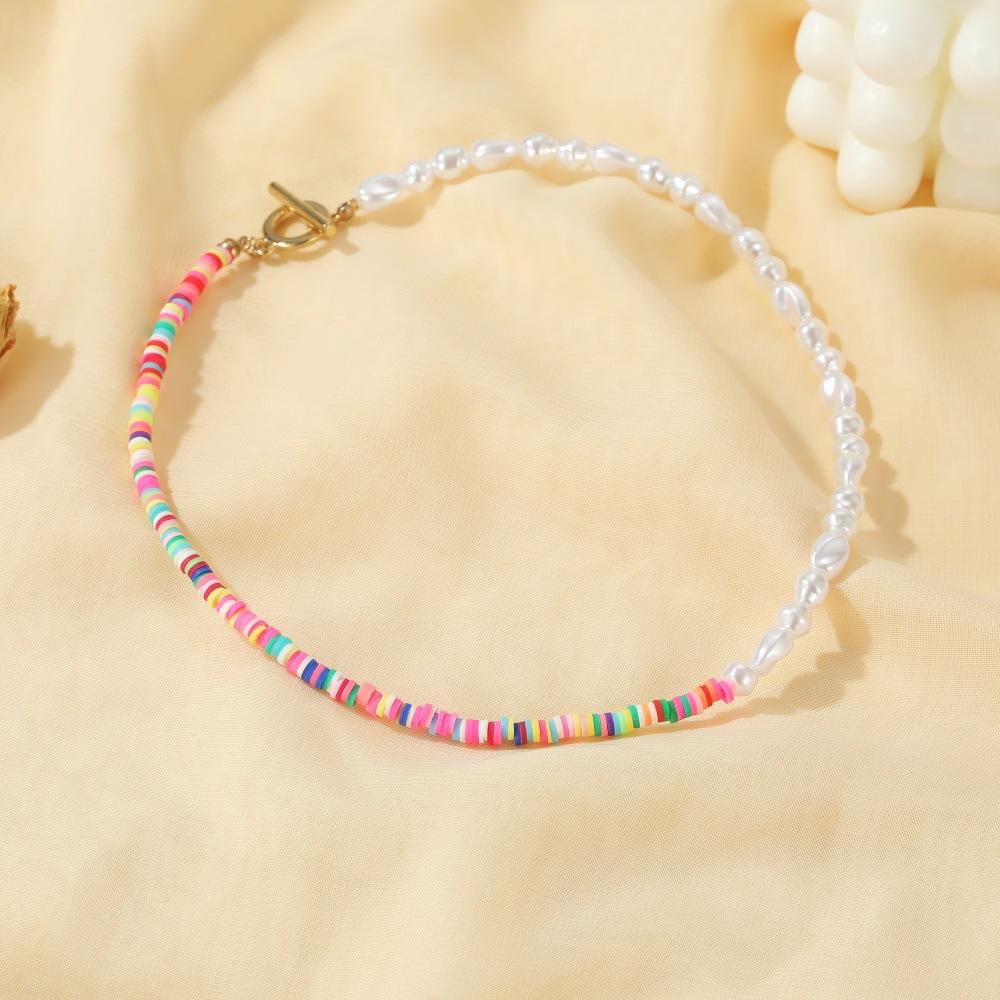 Bohemian colored soft pottery necklace natural pearl clavicle chain national personality color contrast collar