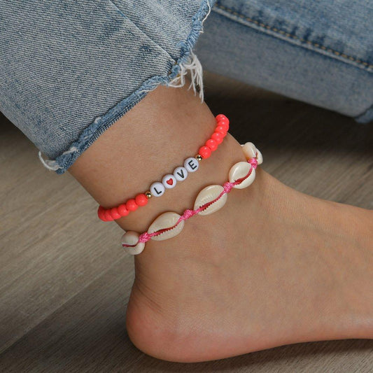 Fashion Alphabet Beads Love Stretch Thread Anklet Beach Vacation Natural Shell Anklet Accessories