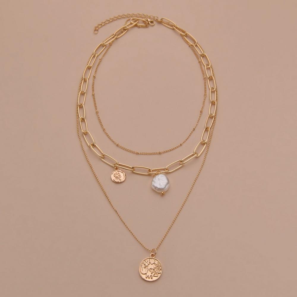 Fashion Simple Alloy Shaped Pearl Pendant Necklace Multilayer Chain Necklace Accessories