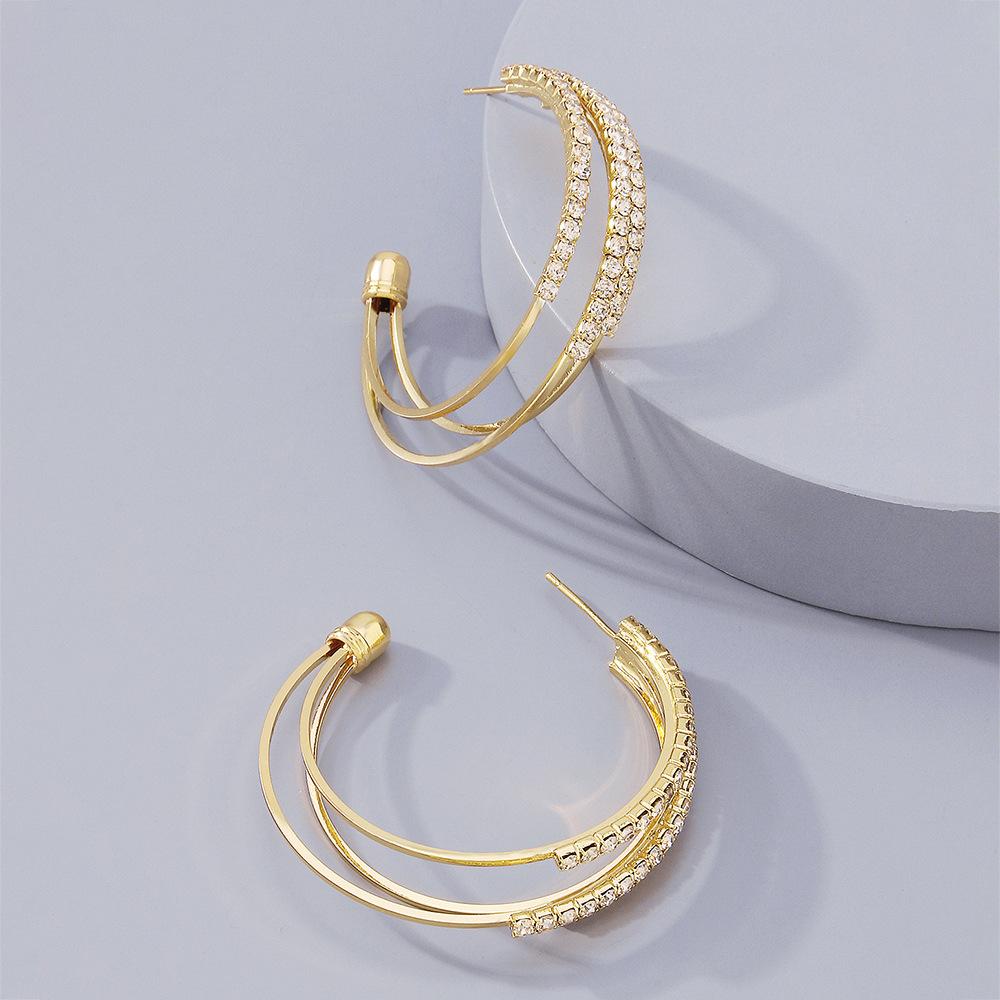 E1283 Geometric C-shaped Earrings Micro-inlaid Temperament Fashion Earrings Versatile Exaggerated Retro Ear Pins Female