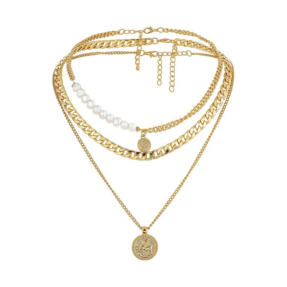 Jewelry Fashion Metal Pearl Mix and Match Three Layers Chain Necklace Hip Hop Rose Embossed Coin Pendant