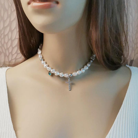 Jewelry Network Red Temperament Shaped Pearl Cross with Diamond Necklace Fashion Trend Design Necklace