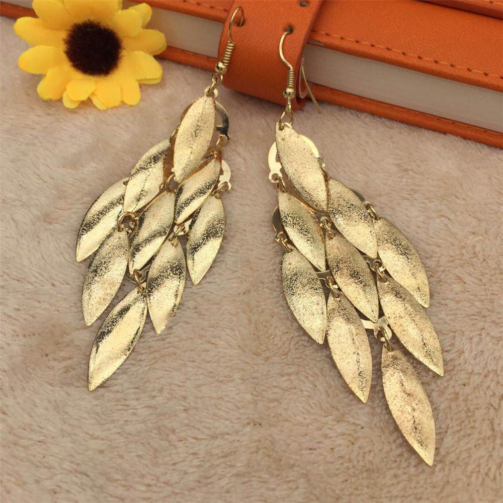Atmospheric ethnic long string leaf-shaped metal frosted earrings earrings