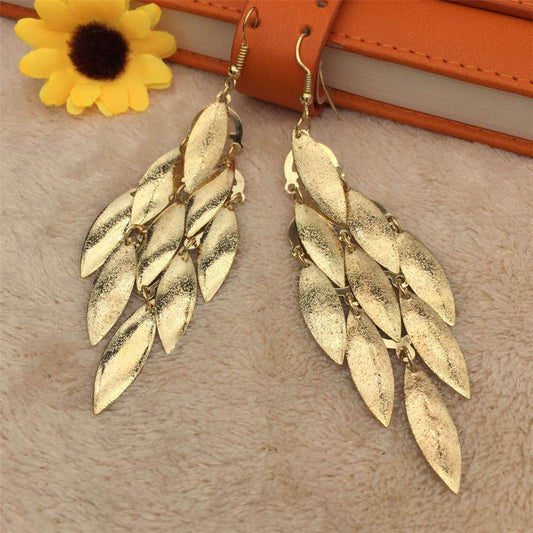 Atmospheric ethnic long string leaf-shaped metal frosted earrings earrings