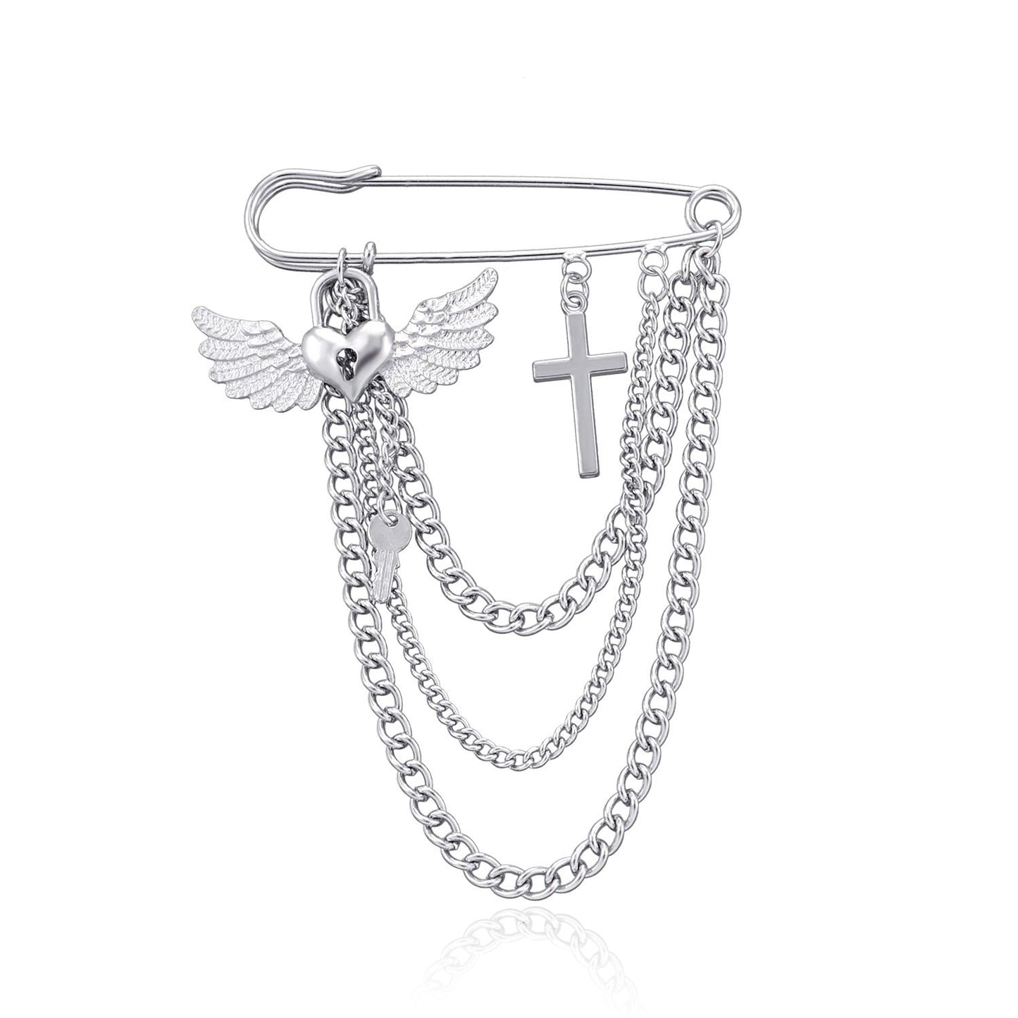 Jewelry Ladies Love Lock Wings Brooch Personality Trendy Chain Cross Pin Pendant
