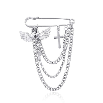 Jewelry Ladies Love Lock Wings Brooch Personality Trendy Chain Cross Pin Pendant