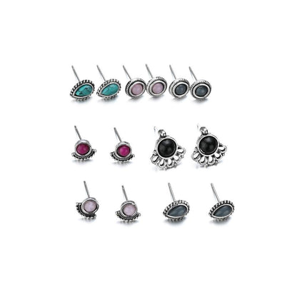 Fashion Retro Resin Alloy Small Stud Earrings Water Drop Oval Geometric Multi-Piece Set Earring Accessories