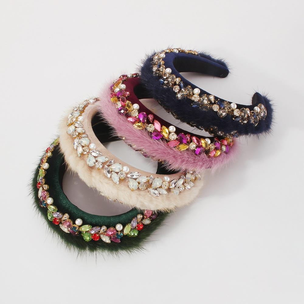 F3658 fabric mink hair ornament pearl catwalk retro hair hoop personalized heavy industry age-reducing head hoop