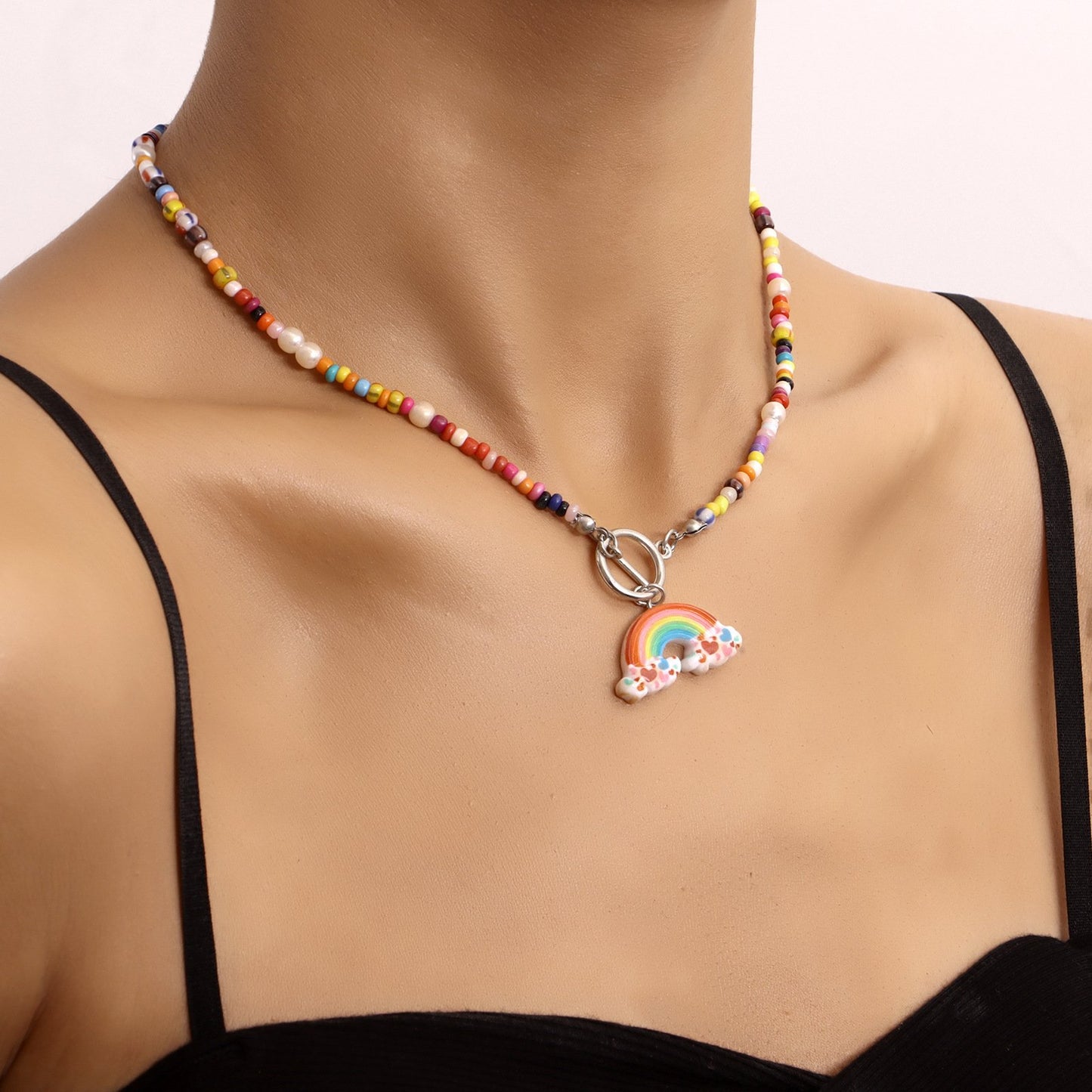 Jewelry Bohemia Color Rice Beads Rainbow Pendant Necklace Female OT Buckle Trendy Temperament Necklace