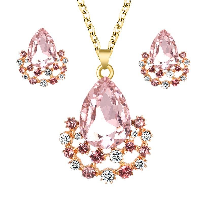 Fashion Jewelry Set Simple Water Drop Crystal Gem Pendant Necklace Earrings Stud Set Female Jewelry