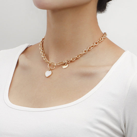 Jewelry geometric exaggerated thick chain white mother-of-pearl love pendant necklace female sweater chain high-end sense