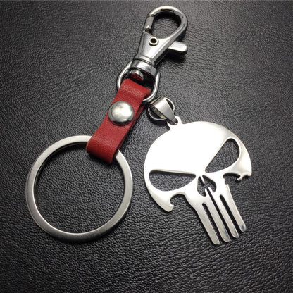 Superhero Skull Punisher Stainless Steel Leather Keychain Men's Waist Bag Pendant Jewelry Accessories