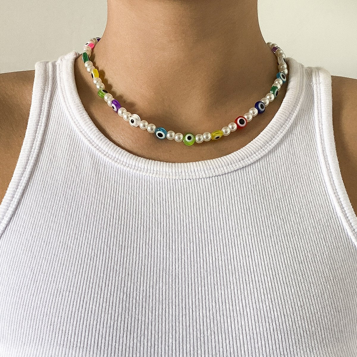 Jewelry personality eyes mix and match color single-layer necklace creative geometric imitation pearl necklace female