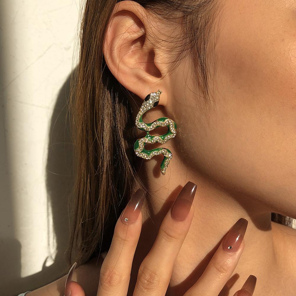E9886 Jewelry Exaggerated Personality Drip Oil Contrast Color Alloy Earrings Snake Diamond Temperament Fashion Earrings