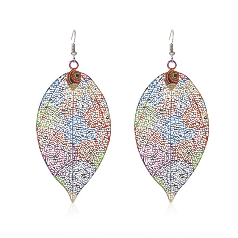 Creative color hollow leaf earrings bohemian ethnic exaggerated printing leaf earrings
