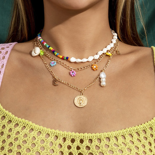 Jewelry Ocean Shell Rice Bead Flower Necklace Stacked Metal Tag Portrait Pearl Necklace
