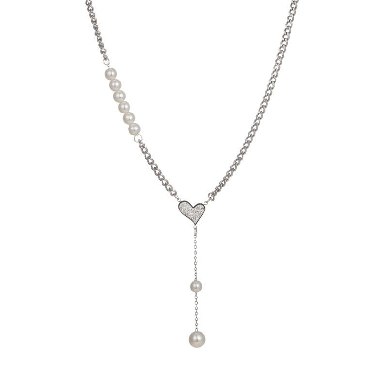 Fashion Light Luxury Love Pearl Tassel Necklace Women's Versatile Temperament Pearl Stitching Diamond Heart Clavicle Chain