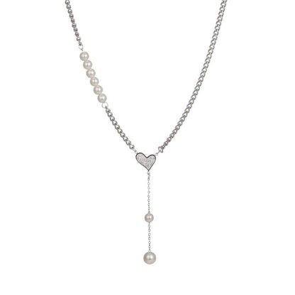 Fashion Light Luxury Love Pearl Tassel Necklace Women's Versatile Temperament Pearl Stitching Diamond Heart Clavicle Chain