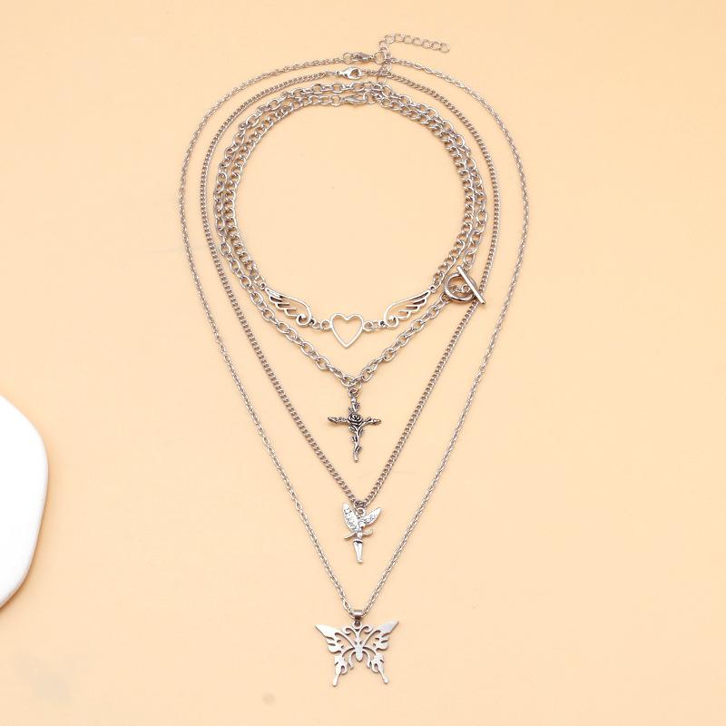 Temperament trendy female clavicle chain fashion little angel necklace personality cross butterfly pendant multi-layer necklace