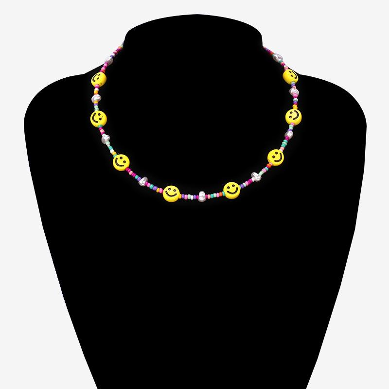 Handmade smiley face beaded necklace niche design ins cold net red same style