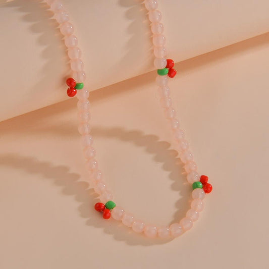Small Fresh Rice Bead Cherry Short Necklace Hand Beaded Jelly Bead Necklace Accessories