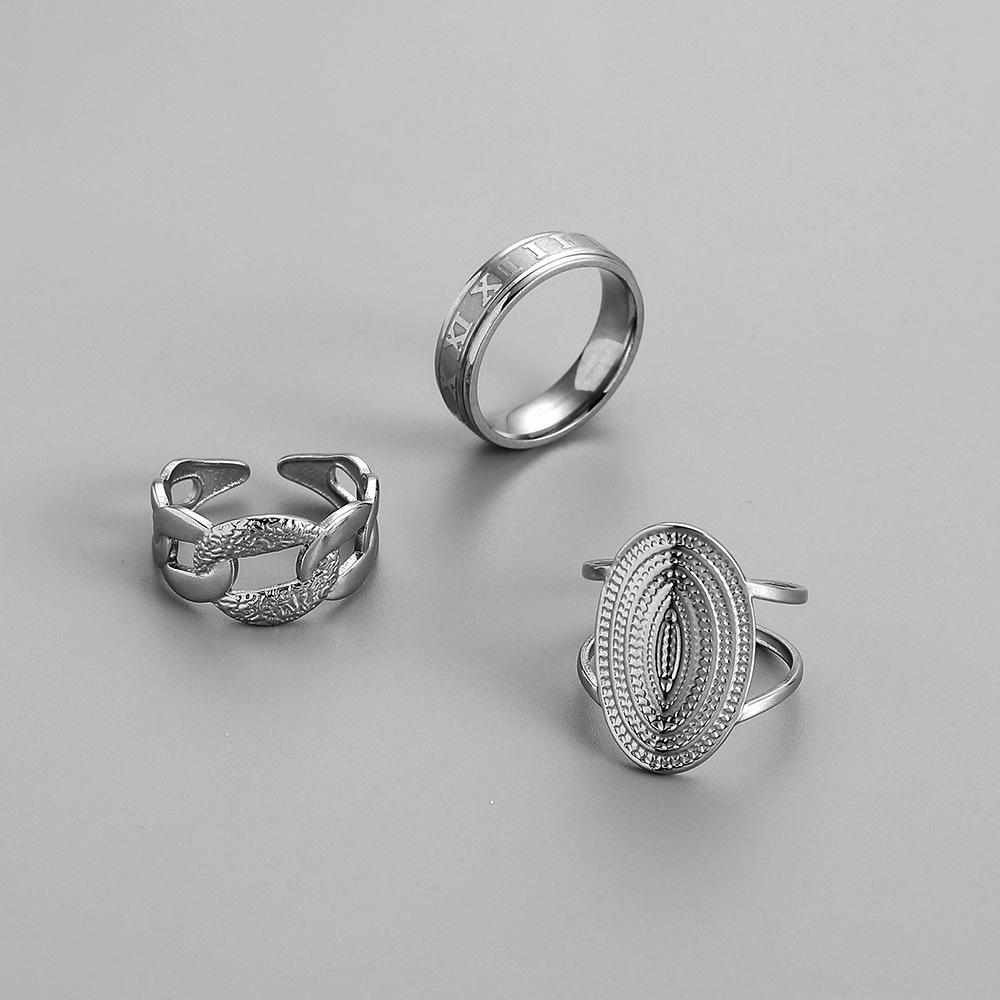 Fashion Simple Domineering Personality Trend Men's Stainless Steel Chain Stripe Black Drip Oil Ring Set Decoration