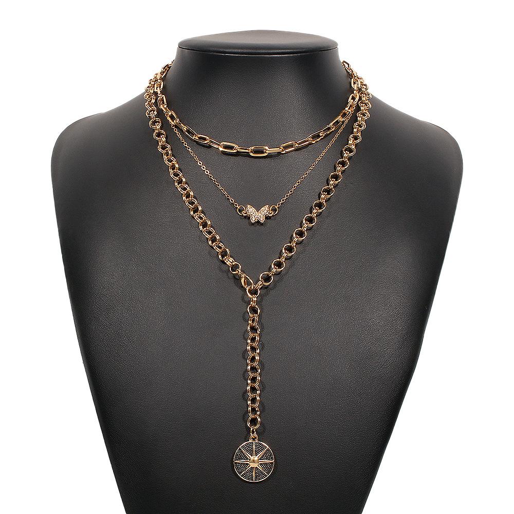 N8872 Baroque retro multi-layer necklace women's full diamond butterfly octagonal punk chain exaggerated pendant necklace
