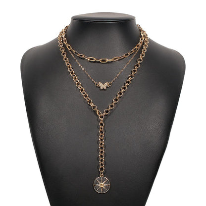 N8872 Baroque retro multi-layer necklace women's full diamond butterfly octagonal punk chain exaggerated pendant necklace