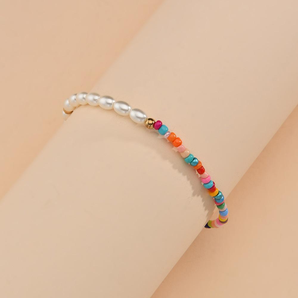 Fashion Oval Pearl Anklet Bohemian Vacation Colorful Rice Bead Elastic Thread Anklet Accessories