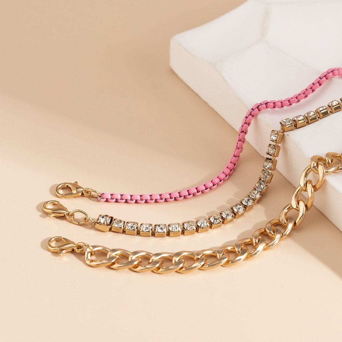 Jewelry stacked sweet cool full diamond hollow set bracelet female creative pink chain metal bracelet