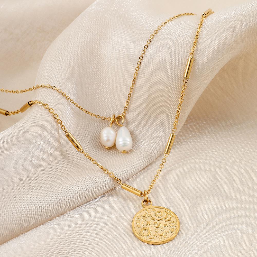 Personalized fashion stainless steel double stacked stitching golden freshwater pearl coin necklace collarbone chain