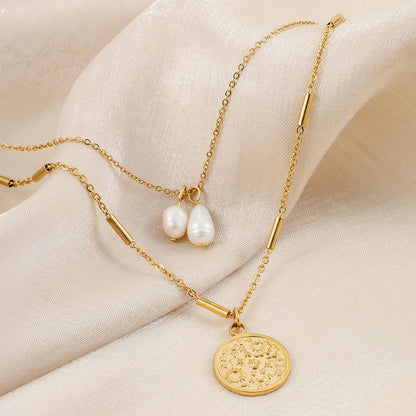Personalized fashion stainless steel double stacked stitching golden freshwater pearl coin necklace collarbone chain