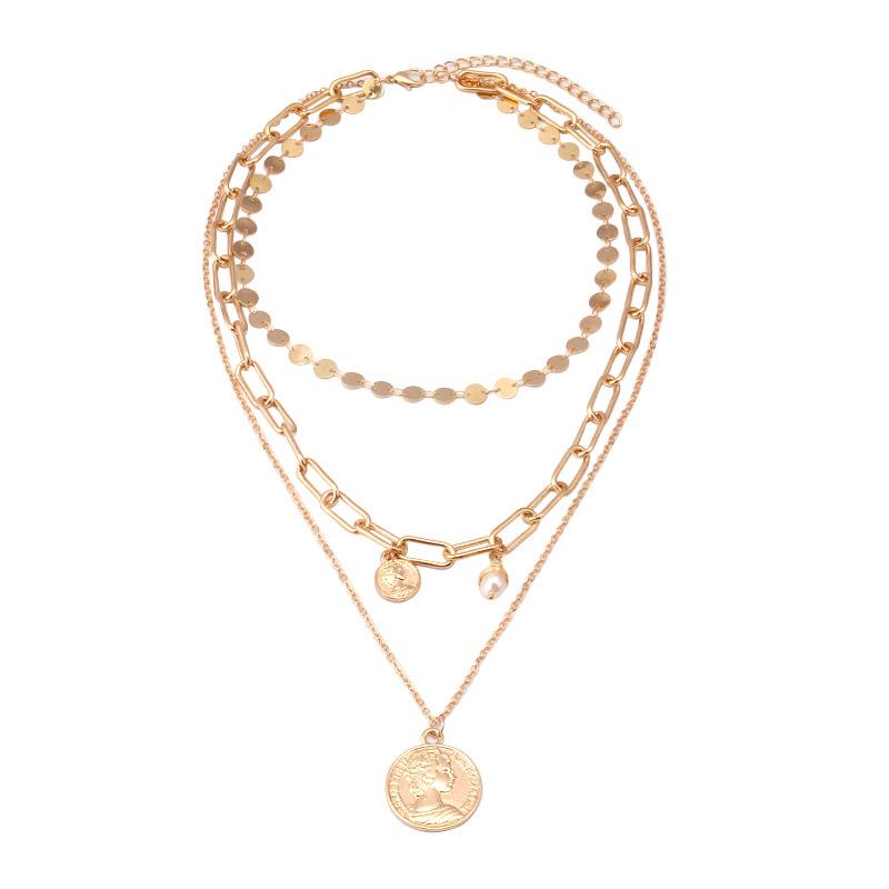 Jewelry creative retro size portrait coin pearl pendant multi-layer necklace three-layer clavicle chain