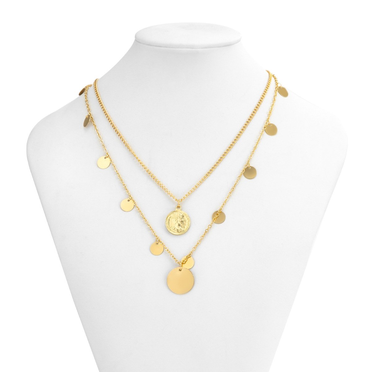 Jewelry Simple Metal Three-dimensional Geometric Necklace Retro Portrait Sequin Tassel Double Layer Necklace Female