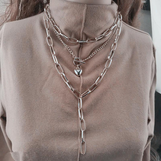 Jewelry Exaggerated Fashion Thick Chain Tassel Necklace Women's Peach Heart Mix and Match Versatile Multilayer Necklace