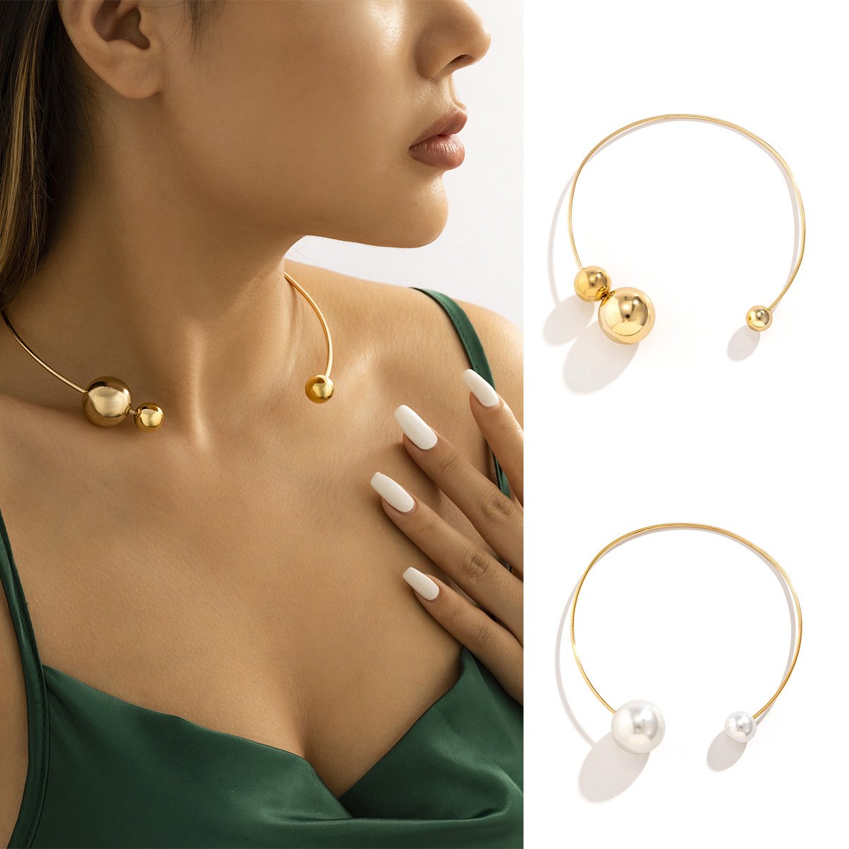 Jewelry Simple Geometric Imitation Pearl Necklace Female Personality Metal Stitching Ball Collar Necklace