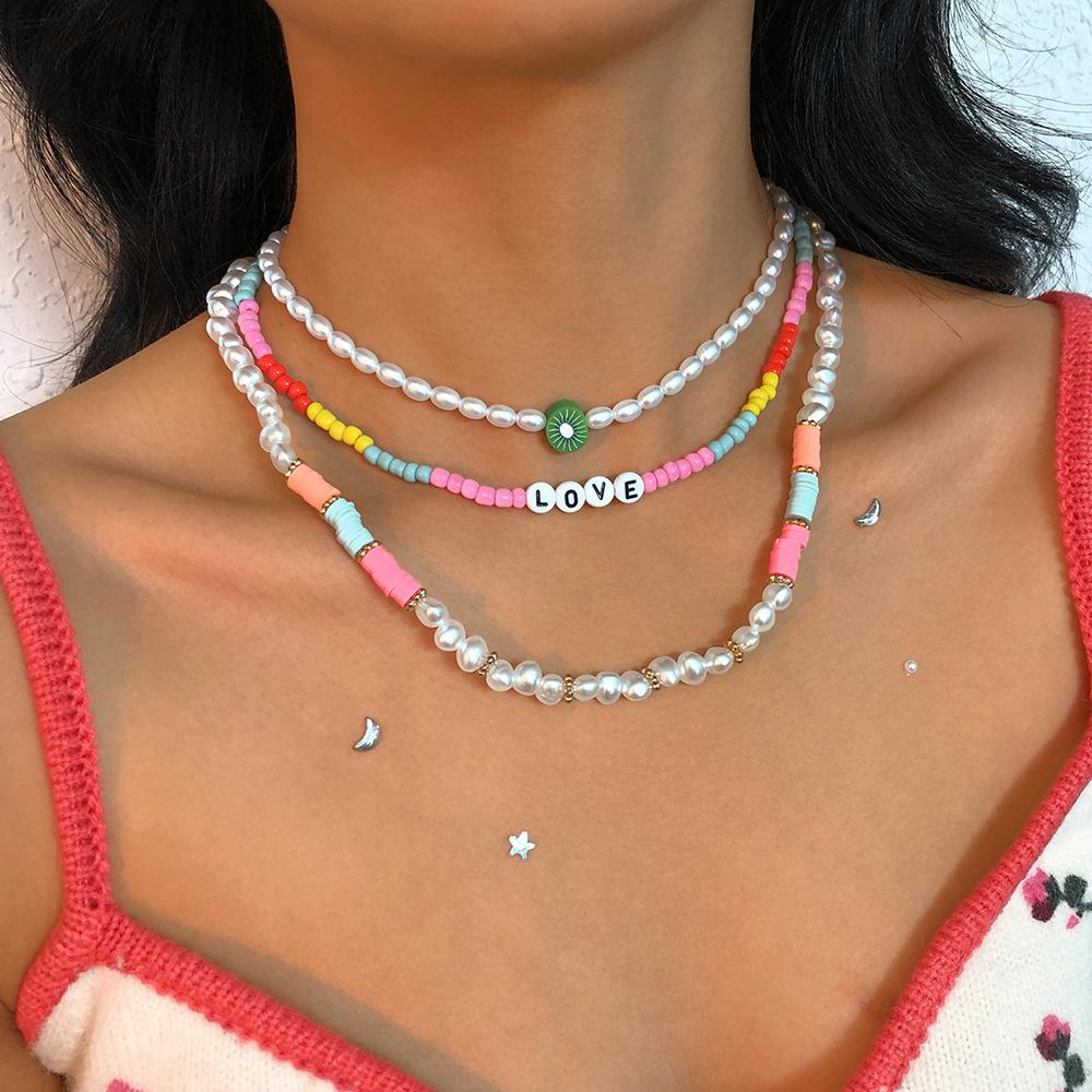 N9613 Multi-layer Color Rice Bead Necklace Geometric Pearl Temperament Necklace Fashion Personality Creative Necklace Women