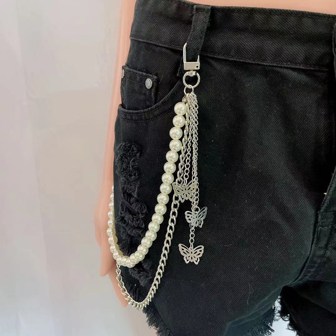 ins Harajuku personality street jumping pants chain pearl + butterfly double waist chain men and women with the same pants chain