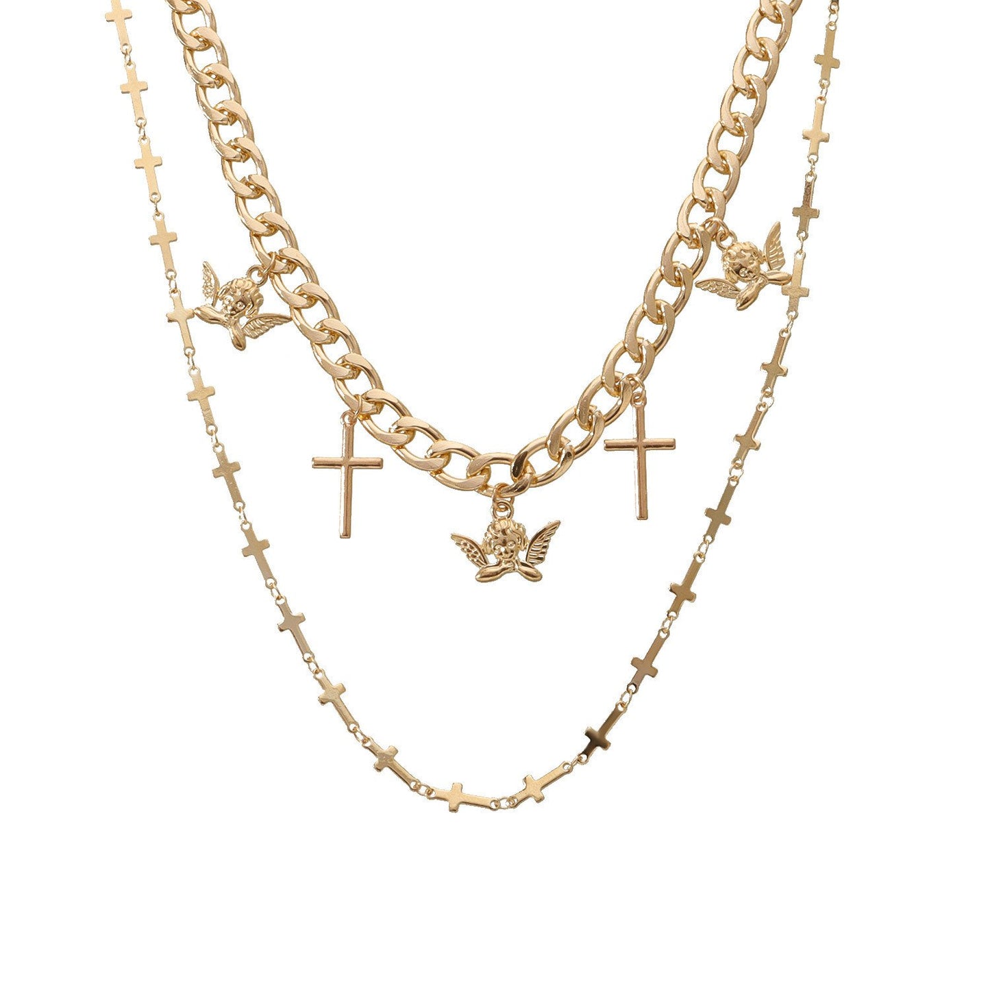 Jewelry Cross Angel Wings Pendant Necklace Double Layer Fashion Trend Metal Necklace