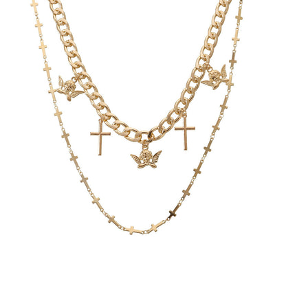 Jewelry Cross Angel Wings Pendant Necklace Double Layer Fashion Trend Metal Necklace
