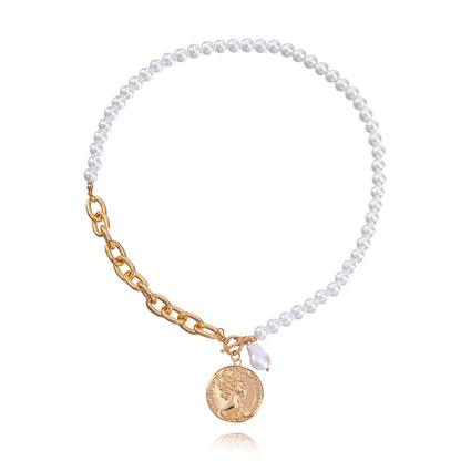 Jewelry simple Cuban pearl thick chain beauty head coin pendant necklace female fashion anchor necklace