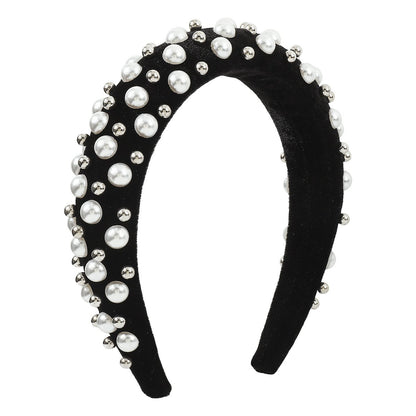 F492 Corduroy Retro Sponge High Skull Top Headband Female Imitation Pearl CCB Court Temperament Light Luxury Headband