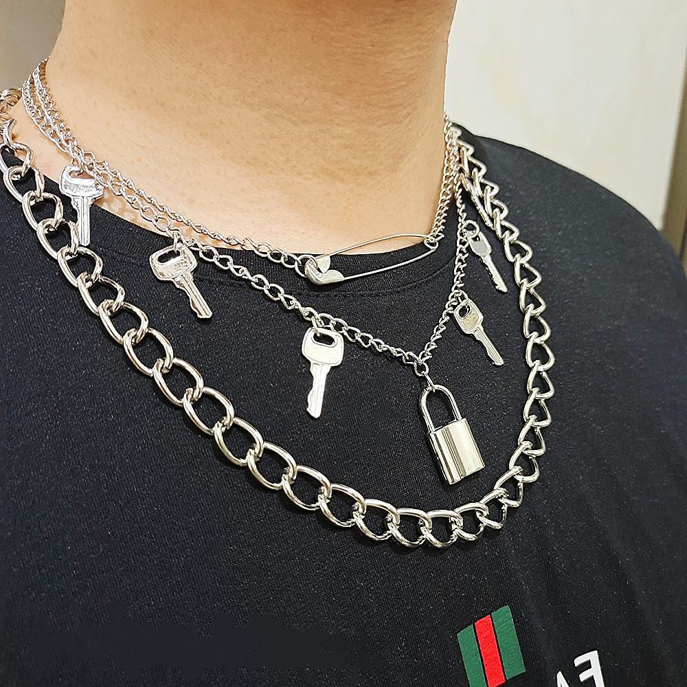 Hip Hop Punk Trend Pin Necklace Fashion Retro Multi-layer Key Lock Necklace Women