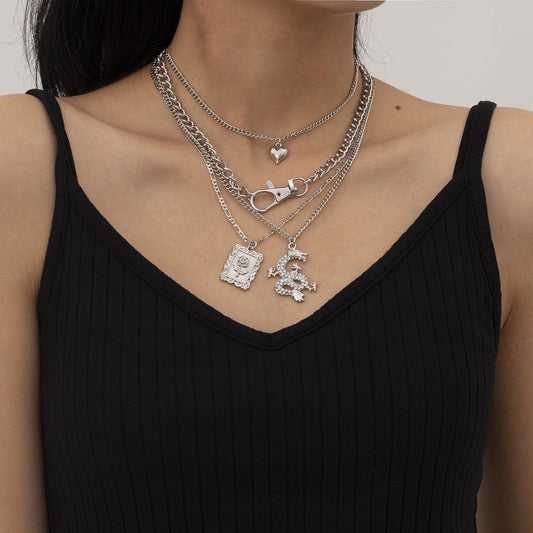 Jewelry punk key chain heart-shaped necklace female personality diamond-encrusted dragon-shaped rose multi-element necklace