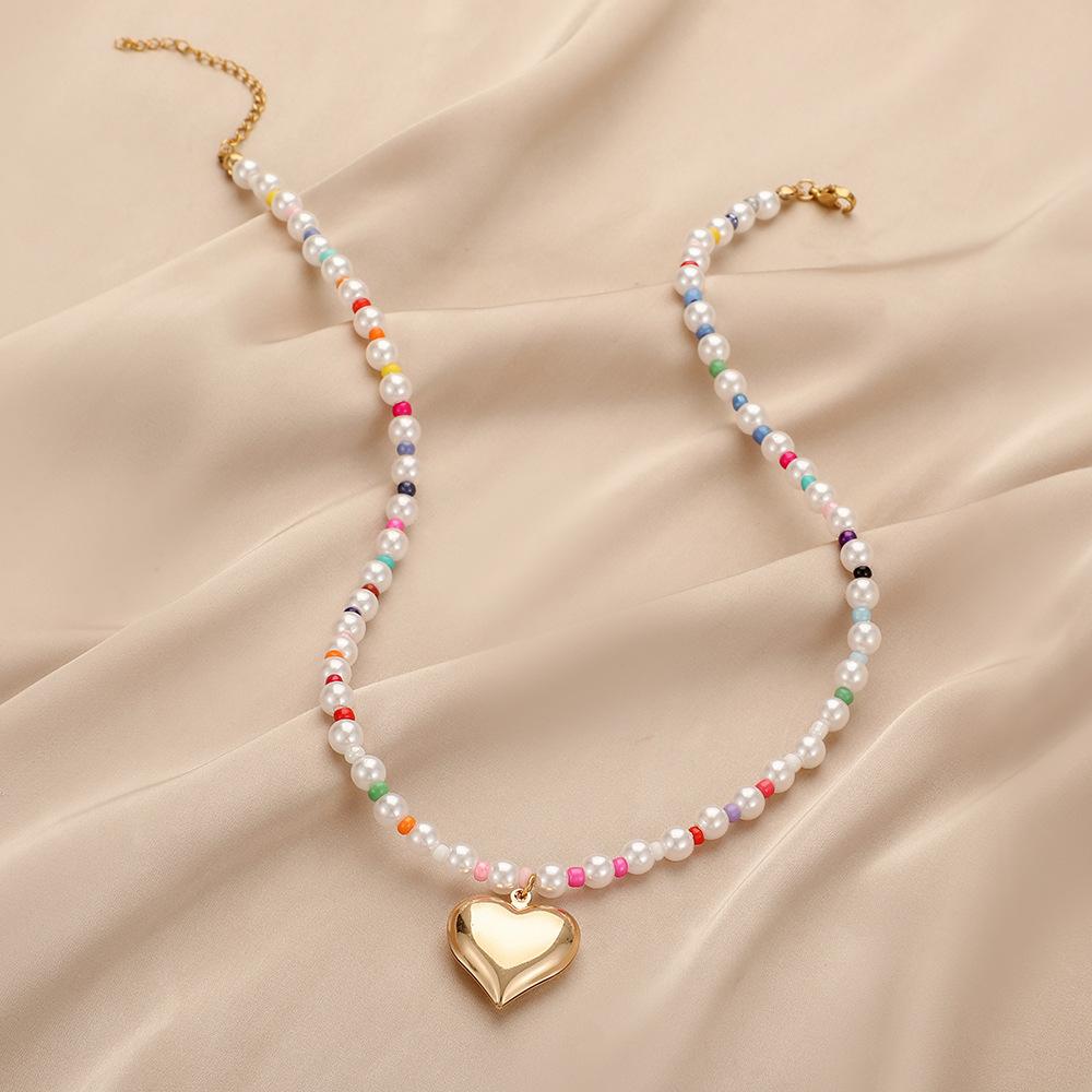 Bohemian colorful rice beads pearl heart rainbow short necklace collarbone chain necklace cute fashion all-match accessories